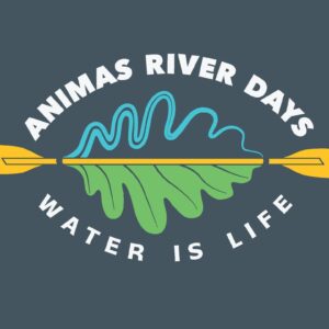 Logo for Animas River Days featuring a stylized green and blue river shape with yellow paddles on both sides. The text reads "Animas River Days" above and "Water is Life" below.