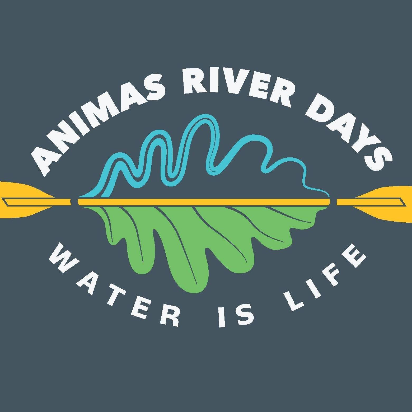 Logo for Animas River Days featuring a stylized green and blue river shape with yellow paddles on both sides. The text reads "Animas River Days" above and "Water is Life" below.