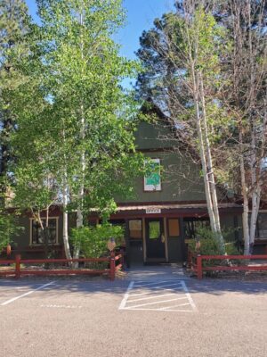 A rustic green building with a red porch and wooden railing is surrounded by tall trees. There are empty parking spaces, including one for handicapped parking, in front of the building. Bright sunlight filters through the foliage.