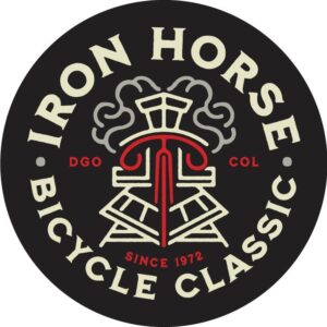 Logo for the Iron Horse Bicycle Classic. Features a stylized red and black train engine with "DGO COL" on either side. The text "Iron Horse Bicycle Classic" and "Since 1972" encircle the design on a black background.