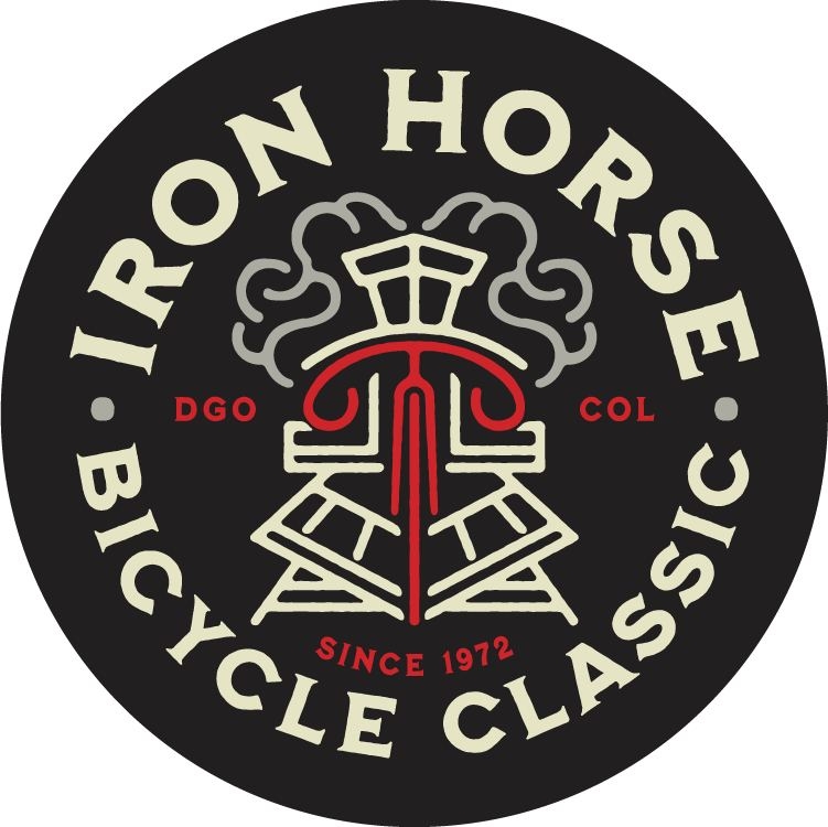 Logo for the Iron Horse Bicycle Classic. Features a stylized red and black train engine with "DGO COL" on either side. The text "Iron Horse Bicycle Classic" and "Since 1972" encircle the design on a black background.