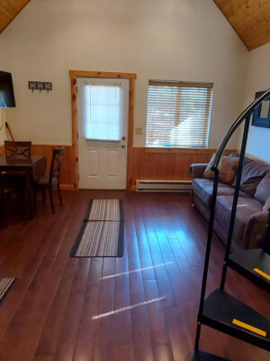 Cozy cabin interior with wood floors, a small kitchenette, dining table, brown couch, wall-mounted TV, spiral staircase, and windows letting in natural light. A door and two rugs are visible on the floor.