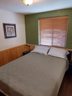 A small bedroom with wood-paneled walls, a green accent wall, a bed with gray bedding, two pillows, a window with wooden blinds, a framed picture, and two black nightstands with lamps.