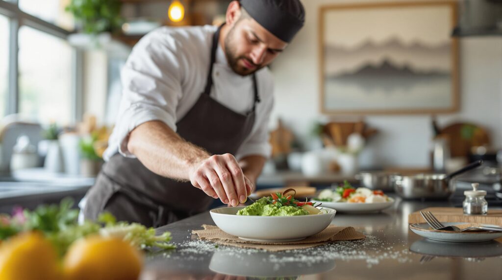 Chef preparing eco-friendly dish with green algae puree and fresh vegetables in a modern kitchen, with blurred background and natural lighting.