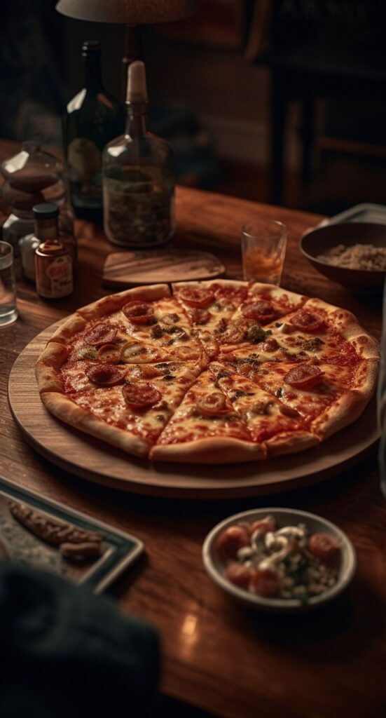 A freshly baked pepperoni pizza sits on a wooden board atop a table, surrounded by condiments, drinks, and a bowl of salad in a cozy indoor setting.