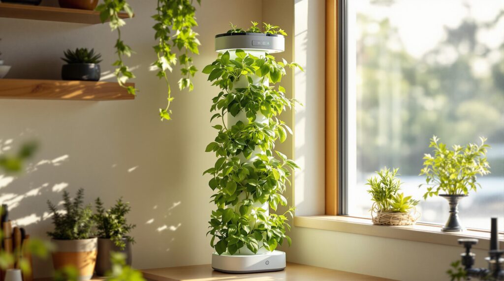 Vertical hydroponic herb tower with fresh basil, mint, and cilantro in a sunlit Durango apartment kitchen, surrounded by potted plants and wood accents.