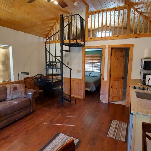 Cozy cabin interior with wood floors and ceiling, a brown couch, a spiral staircase leading to a loft, a small kitchen, and a doorway to a bedroom. Natural light streams in through multiple windows.