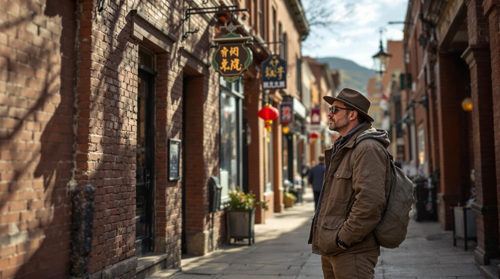 A local historian stands on a quiet downtown sidewalk, studying an old brick alleyway decorated with a single red lantern and subtle wood trim, evoking traces of Durango’s lost Chinatown.