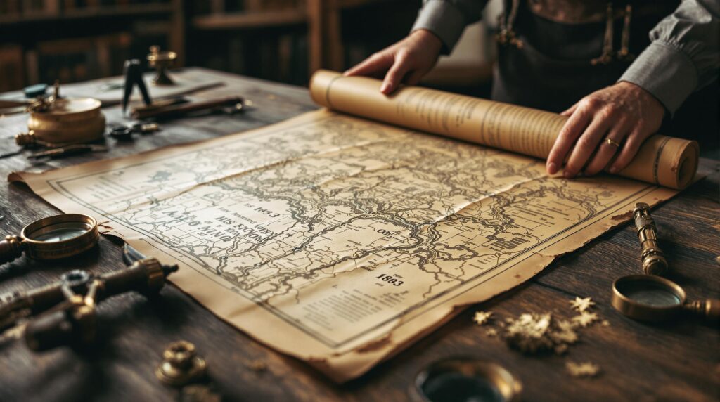 Historian unrolling an antique mining map on wooden table with vintage tools and soft natural lighting