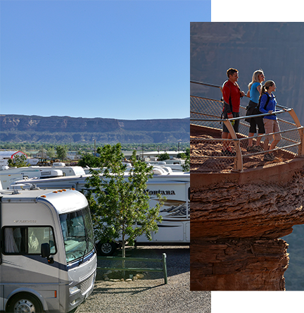 Rows of RVs parked at a scenic JW Locations campground with mountains in the background. Overlayed is a group of four people on a viewing platform overlooking a breathtaking canyon landscape.