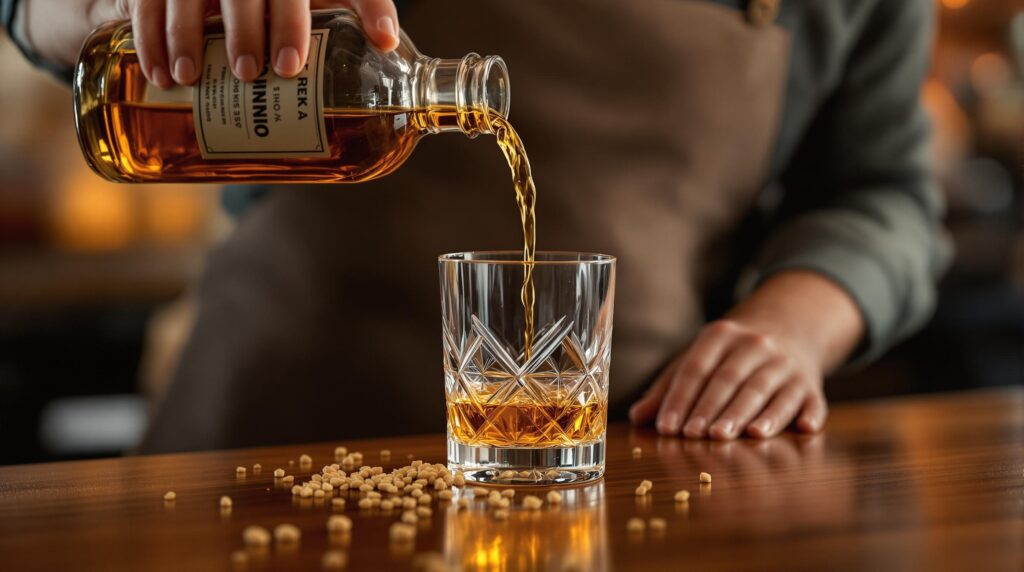 Bartender pouring quinoa whiskey into a crystal glass on a wooden bar with raw quinoa grains scattered nearby, warm ambient lighting, rustic background.