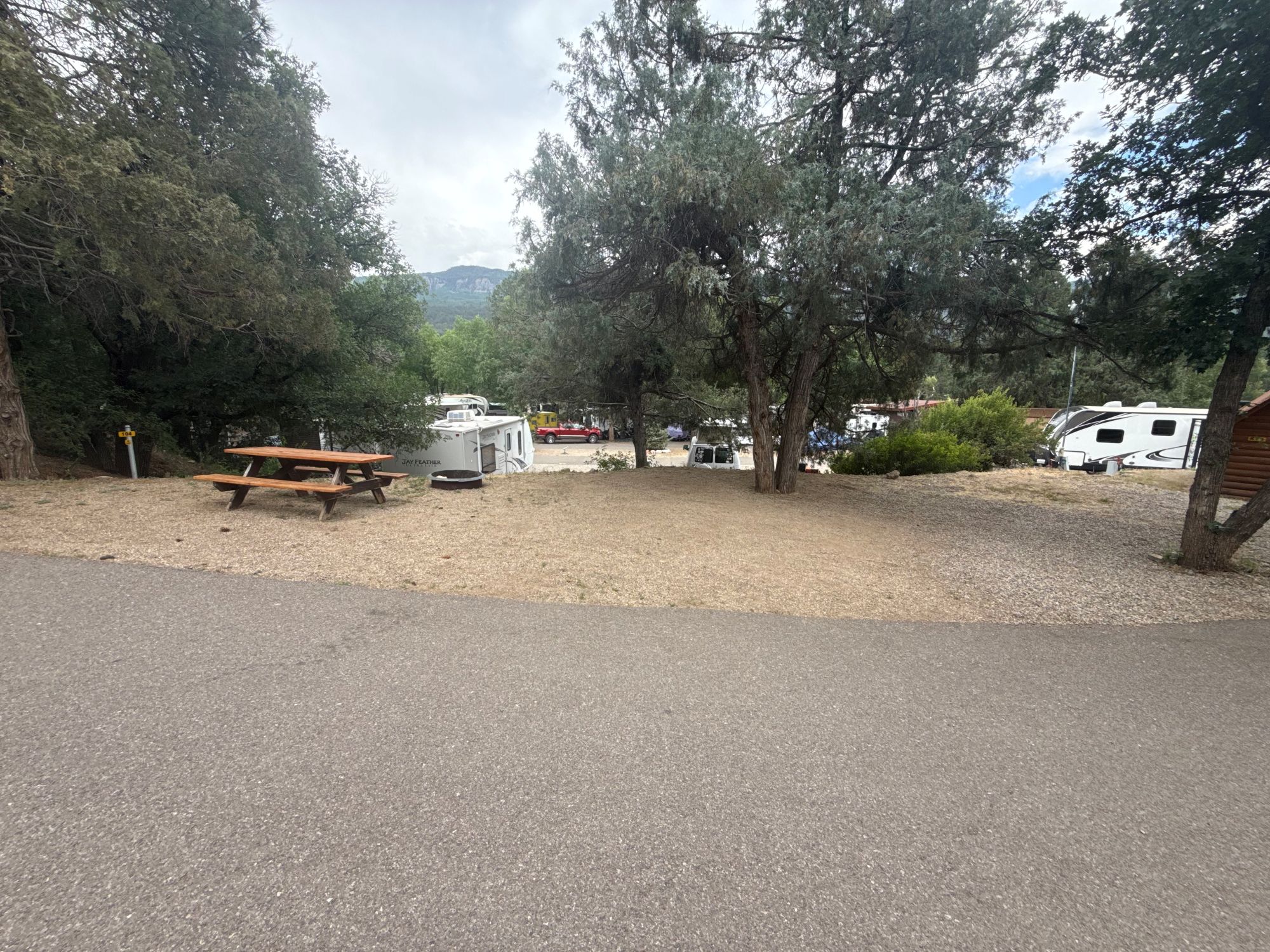 A picnic table and a trash can are placed on a patch of dirt near trees, overlooking RVs parked in a campground.