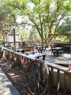 Outdoor wooden patio area