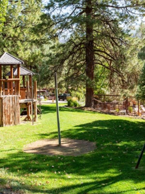 Small playground with a wooden play structure