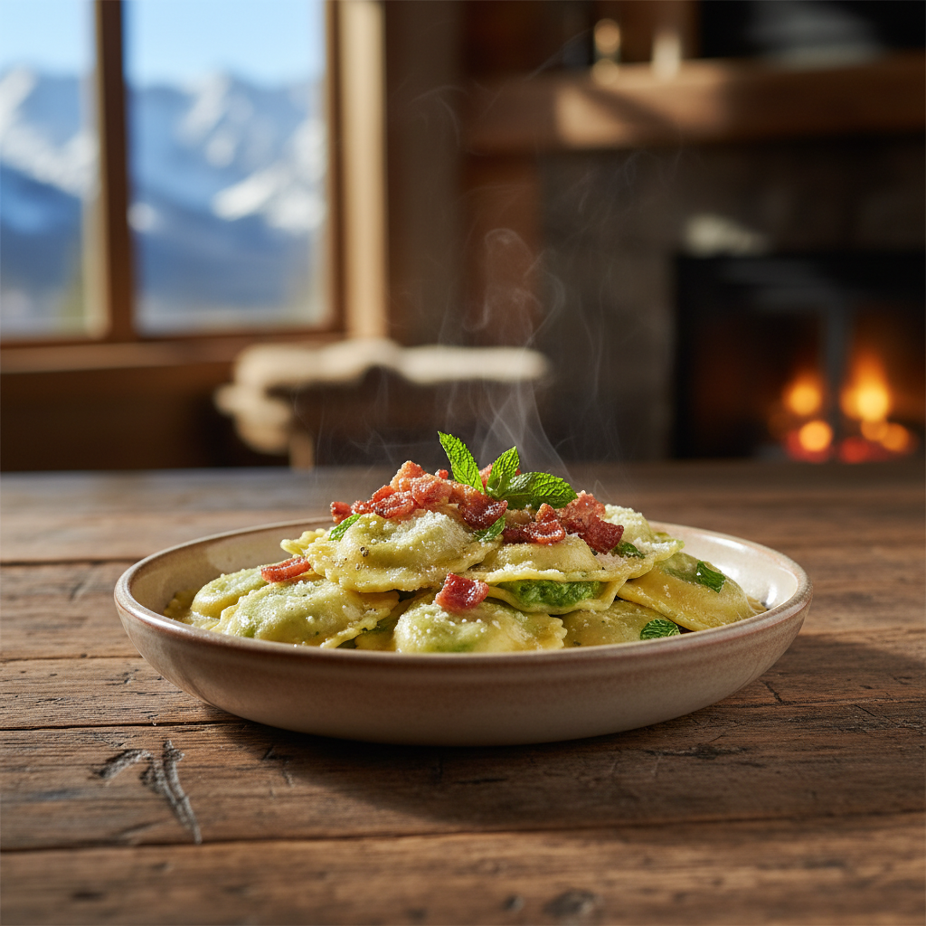 A steaming plate of handmade spring pea and pancetta ravioli garnished with fresh mint and grated Parmesan sits on a rustic wooden table, with a cozy, mountain-inspired interior and blurred snowy peaks visible through the window in the background.