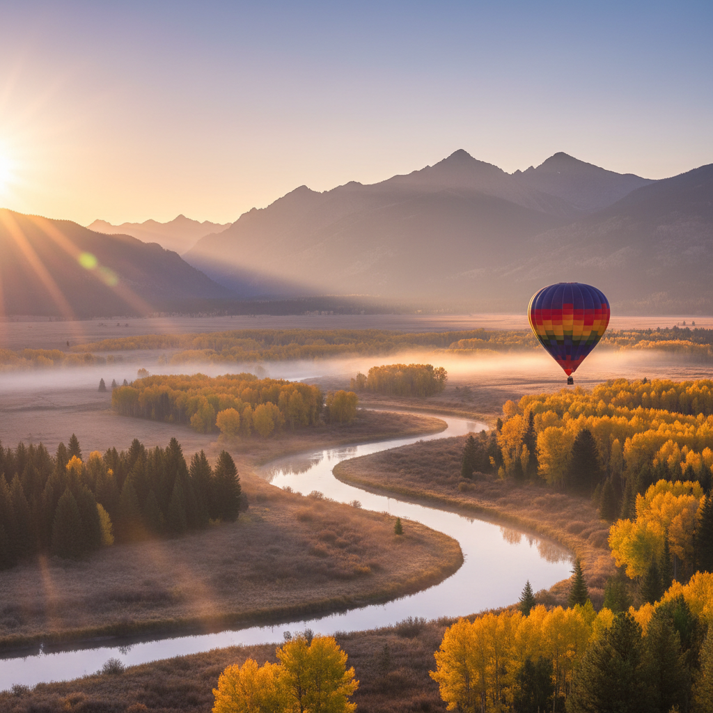 Colorful hot air balloons float at sunrise above the Animas Valley near Durango, Colorado, with golden light highlighting the river and surrounding mountains.