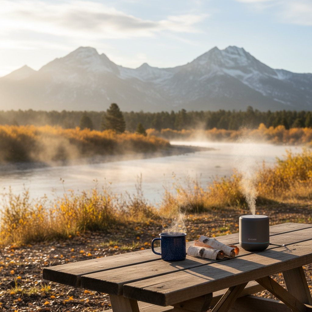 Steaming mug, birch bark, and diffuser on riverside picnic table at sunrise near Durango with aspen leaves and mountain view