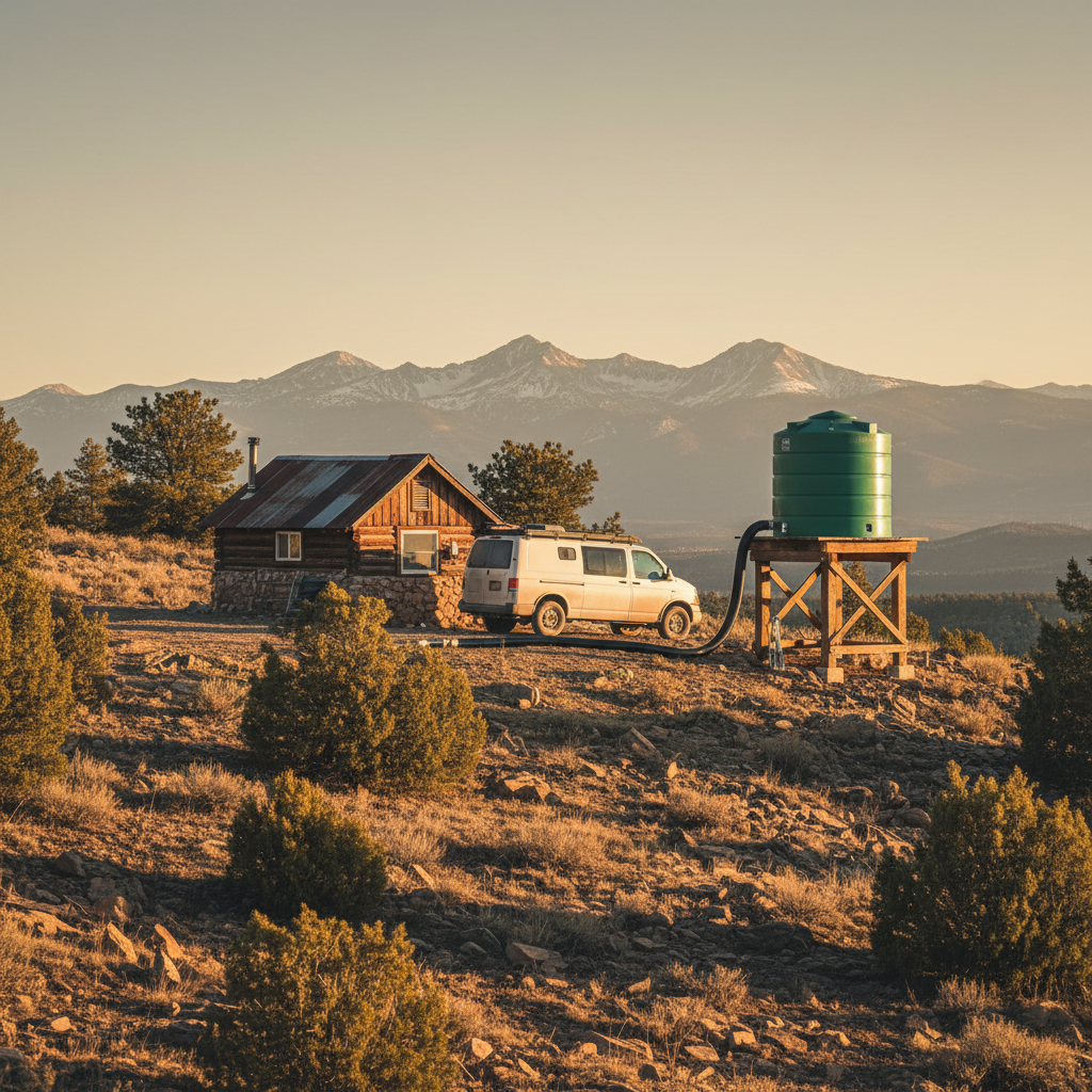 Small off-grid cabin and white van at golden hour in the Colorado foothills, with a green water tank elevated on a wooden stand thirty feet upslope, black poly pipe running downhill, surrounded by pine trees and distant snow-capped mountains.