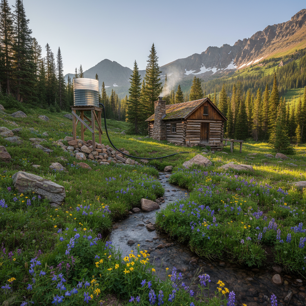 Mountain cabin with elevated water tank and gravity-fed pipeline in a wooded Durango landscape