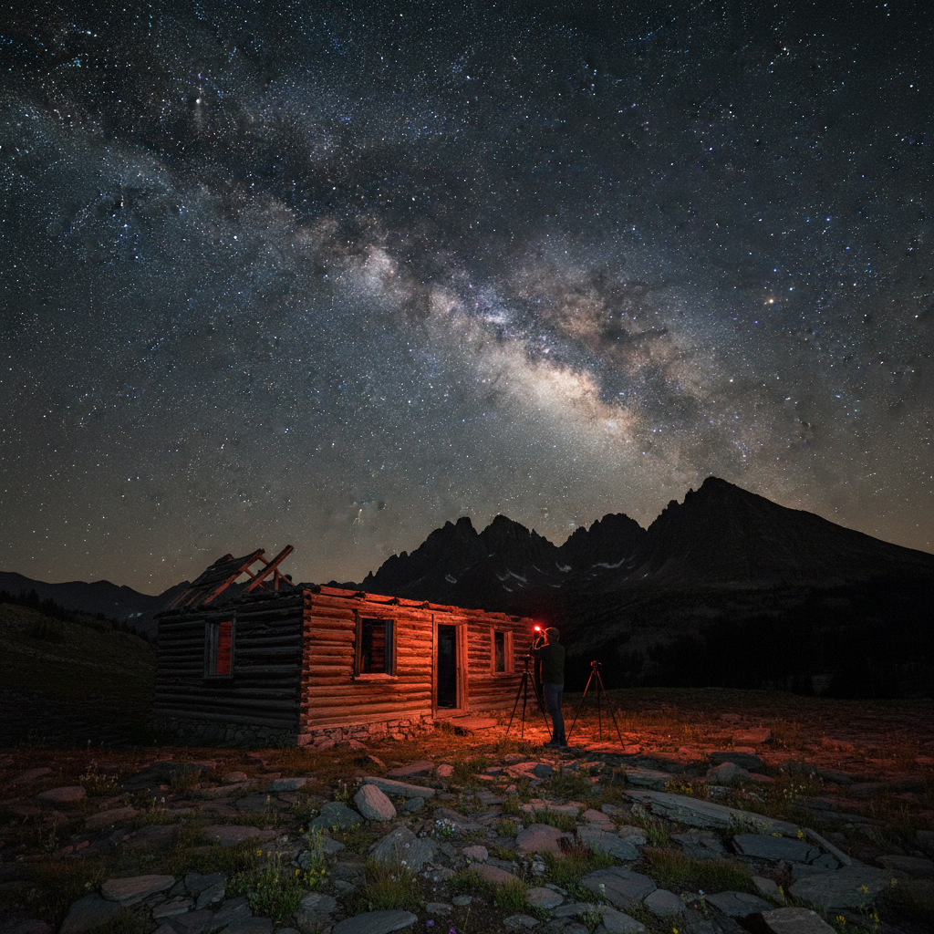 Photographer with tripod capturing the Milky Way over a rustic, roofless log cabin at night in the Colorado mountains, with a red headlamp illuminating the scene and rocky alpine terrain in the foreground.