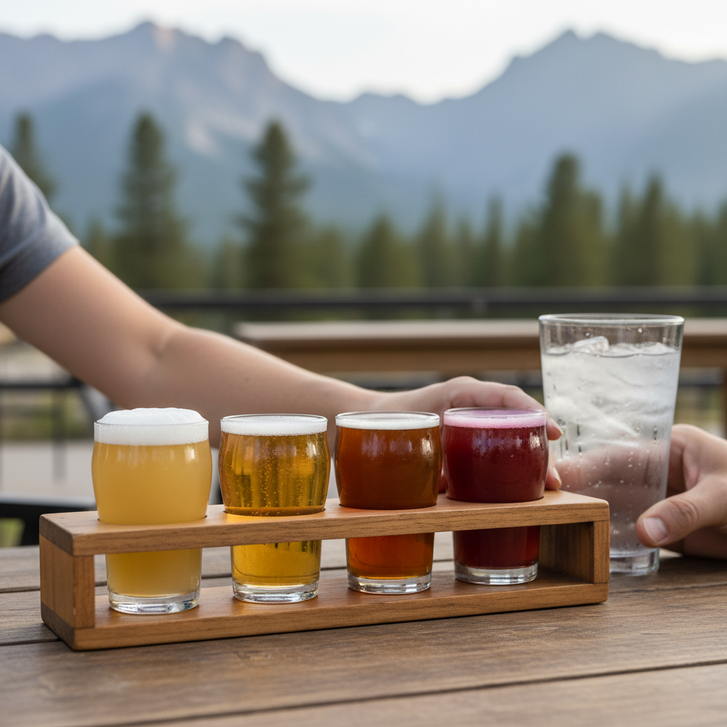Craft beer flight with four small glasses and a water glass on a wooden patio table, with pine trees and blurred mountain peaks in the background in Durango, Colorado.