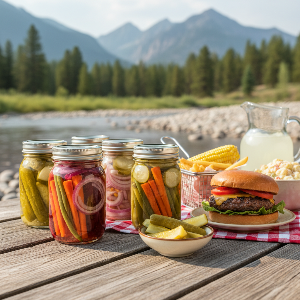 Jars of pickled cucumbers, carrots, green beans, and red onions on a picnic table beside a cheeseburger and pickle slices with a river and mountain backdrop near Durango, Colorado
