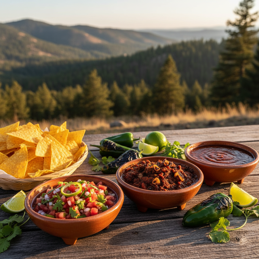 Three bowls of salsa—fresh pico de gallo, roasted red salsa, and smooth red salsa—served with tortilla chips, jalapeños, cilantro, and lime on a wooden table with blurred mountain scenery near Durango, Colorado