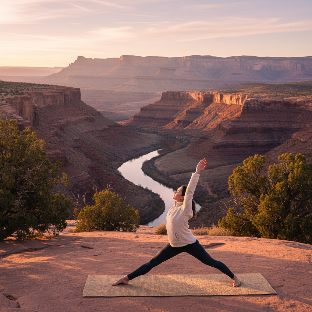 Woman practicing yoga at sunrise on canyon rim near river in Colorado with pastel sky and sandstone cliffs