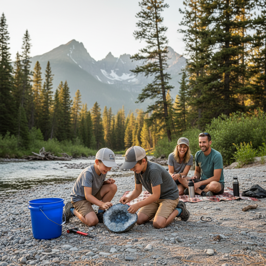 Children cracking open a geode by a mountain river with parents watching nearby