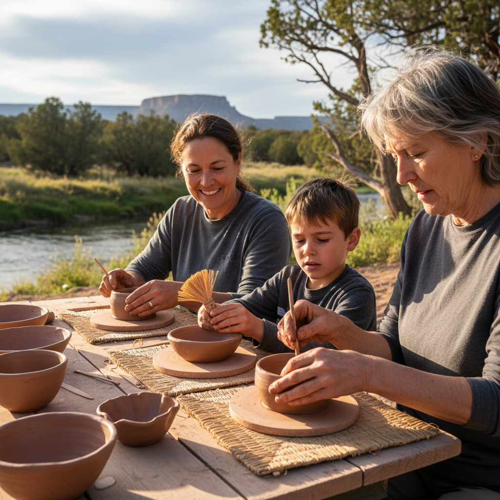 Family and retiree shaping pottery at outdoor table near river in Colorado with clay tools and natural landscape in the background
