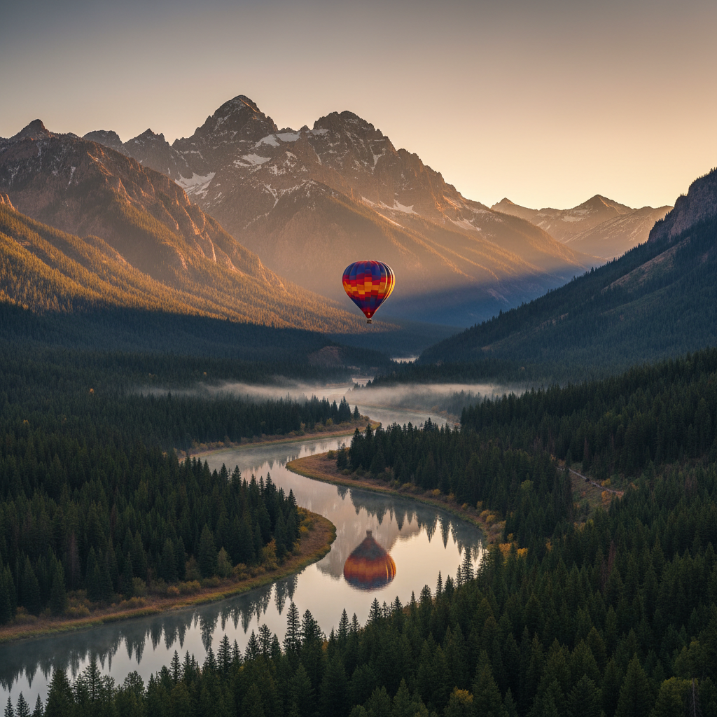 A colorful hot-air balloon floats above a pine-filled mountain valley at sunrise, with golden light illuminating the peaks and a reflective river winding below.