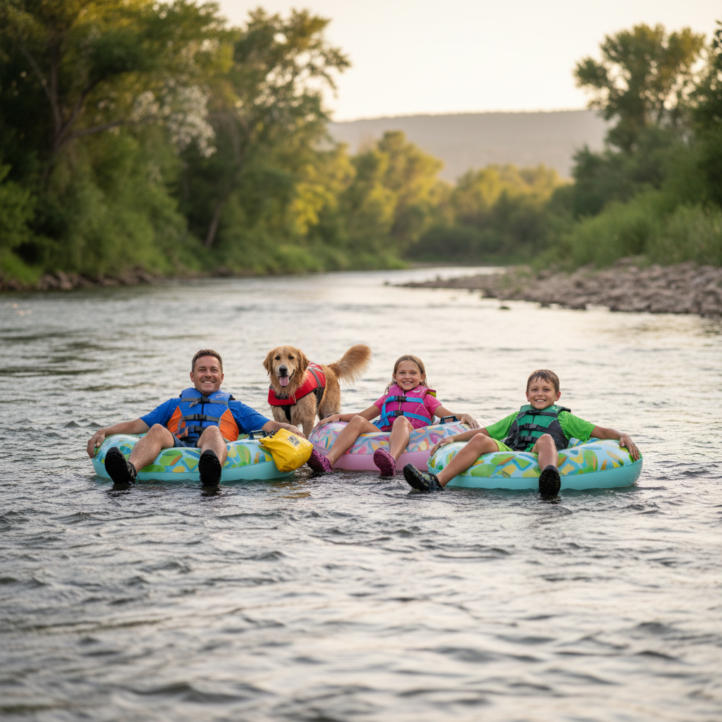 Family in life jackets tubing down a calm river near Durango, Colorado, with a dog in a canine PFD riding on an inflatable tube at sunset