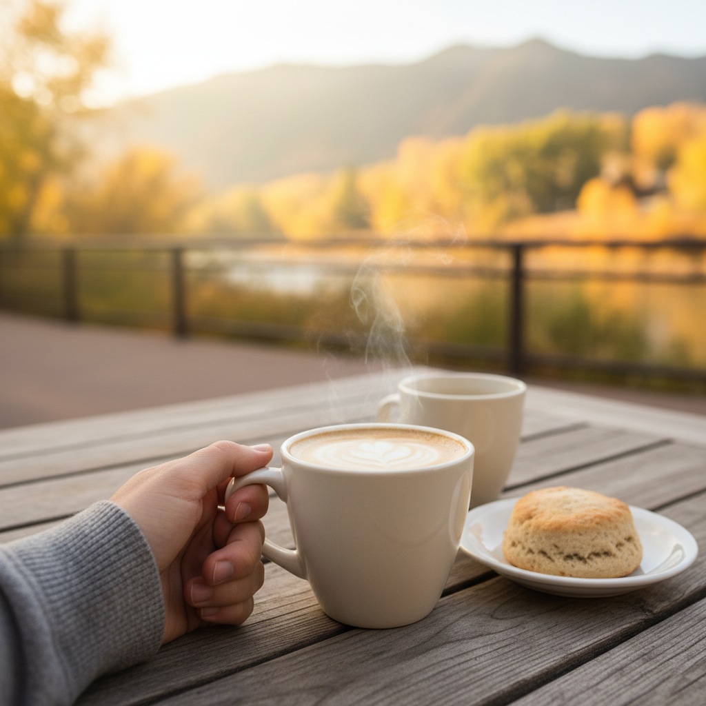 Hand holding a steaming chai latte on a wooden patio table with a second mug and a biscuit, overlooking a softly blurred river and autumn mountains near Durango, Colorado.
