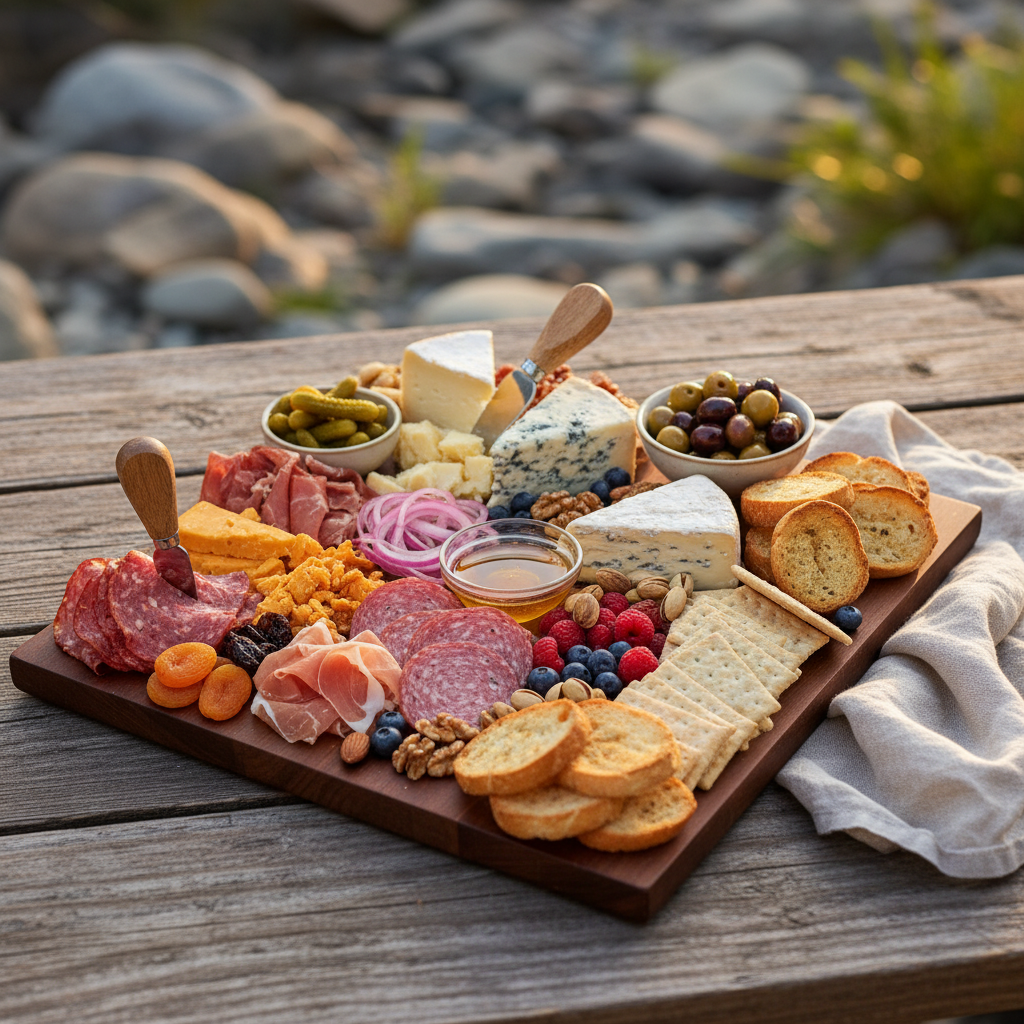 Charcuterie board on a rustic wooden picnic table with cured meats, assorted cheeses, olives, cornichons, pickled onions, crackers, baguette slices, berries, nuts, and honey in warm outdoor light near a rocky riverside.