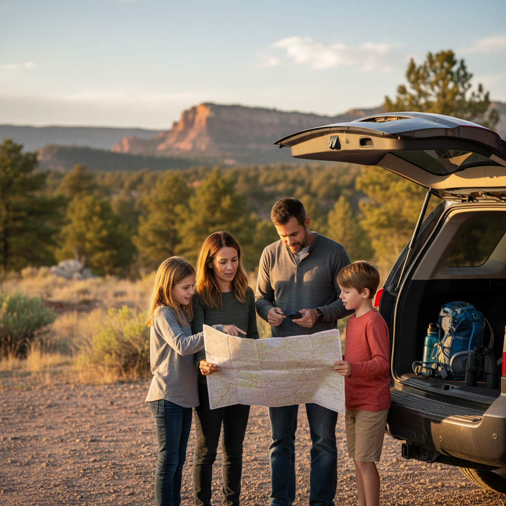 Family at a roadside pullout near Durango, Colorado, using a paper map to plan offline navigation for a day trip