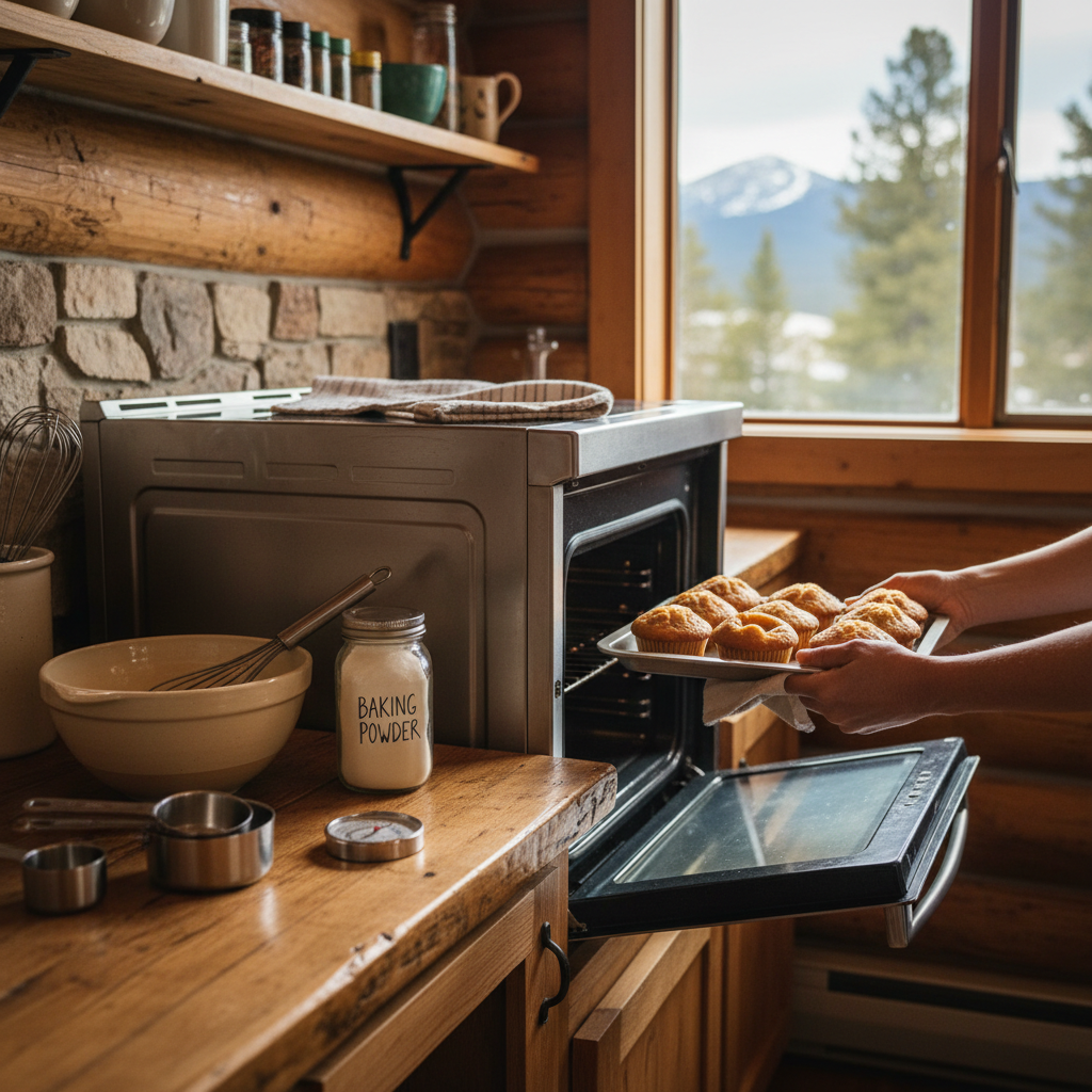 Hands slide a tray of freshly baked muffins out of a small countertop oven in a rustic cabin kitchen, with mixing bowls and baking powder on the counter and mountains visible through the window.