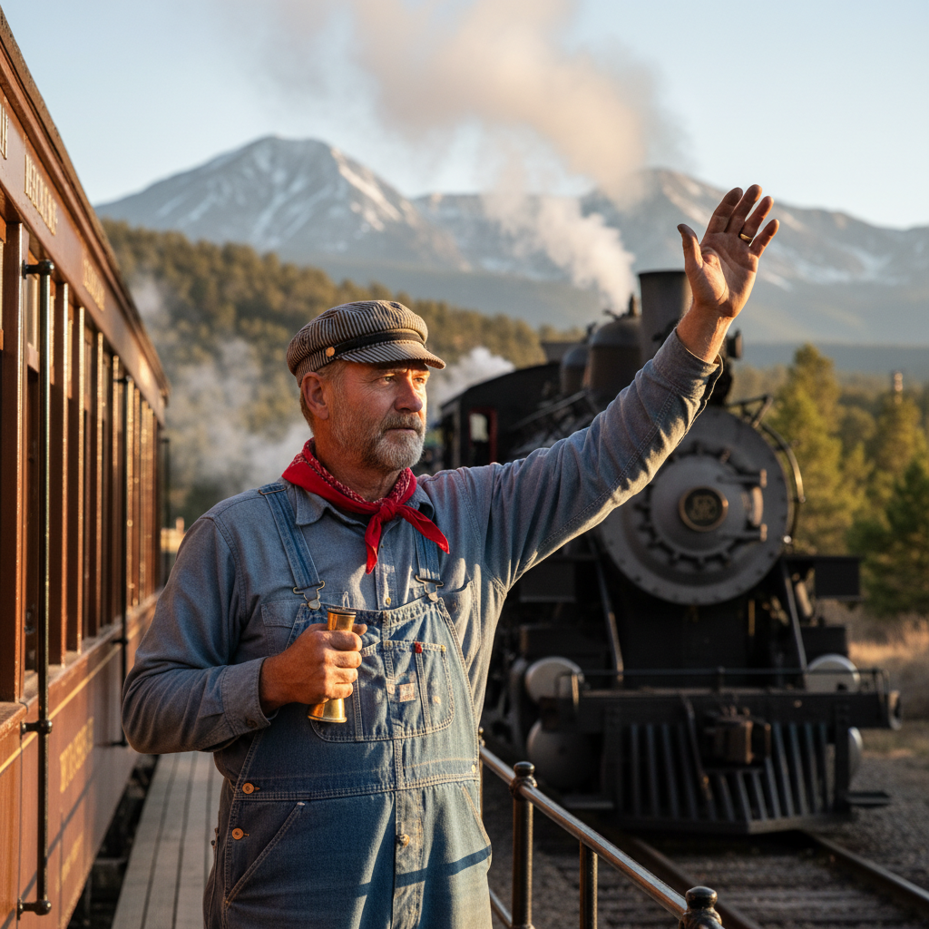 Durango & Silverton Narrow Gauge Railroad steam locomotive blowing its whistle near a road crossing in Durango, Colorado
