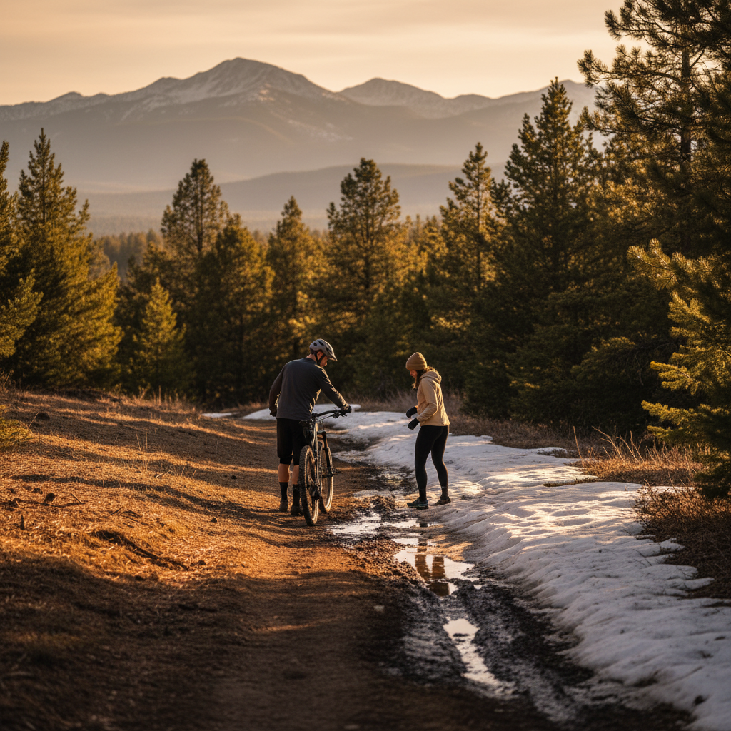 Mountain biker and trail runner pause on a Durango-area singletrack at sunset, where dry dirt turns to muddy snowmelt beside lingering snow in a pine forest with distant peaks.