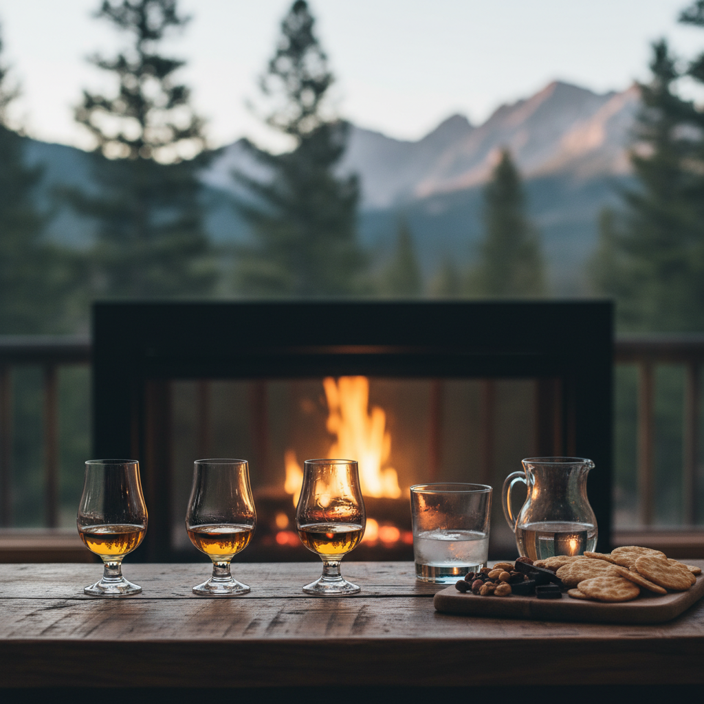 Three whiskey tasting glasses on a wooden table with crackers, nuts, and water, set in front of a glowing fire with blurred mountain scenery in the background.