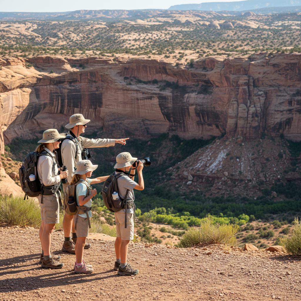 Family on an overlook trail near Durango, Colorado, using binoculars to spot seep streaks and green vegetation bands on a sandstone cliff.