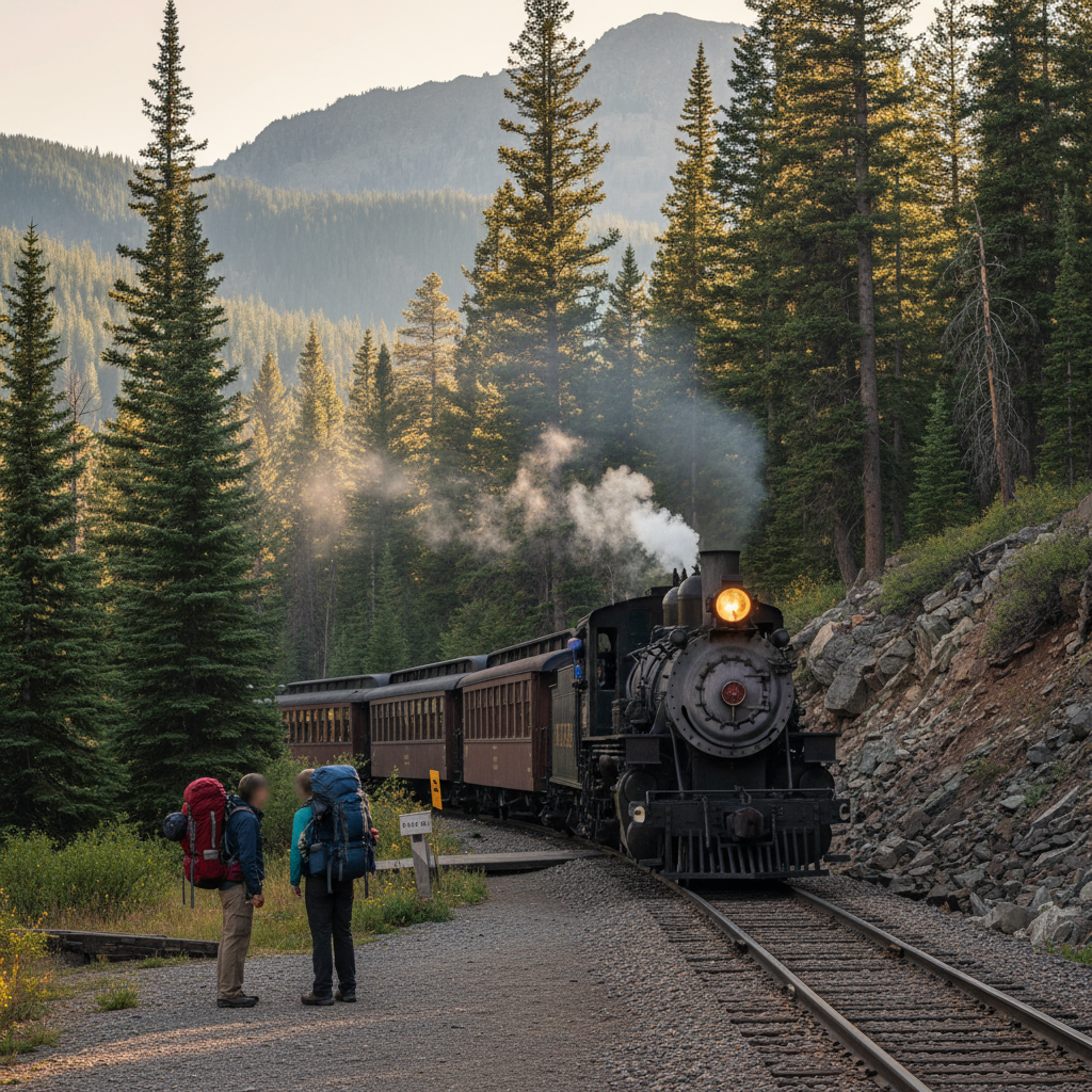 Durango and Silverton Narrow Gauge Railroad train near Needleton Flag Stop in Animas Canyon beside the Animas River, with hikers waiting to wave it down