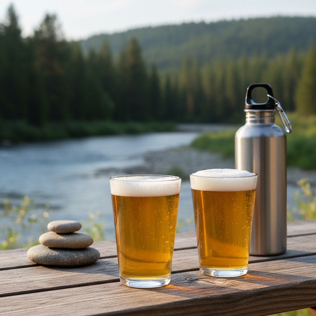 Two golden craft beers on a wooden picnic table beside a calm river, with stacked smooth stones and a metal water bottle in the foreground and pine-covered hills blurred behind.