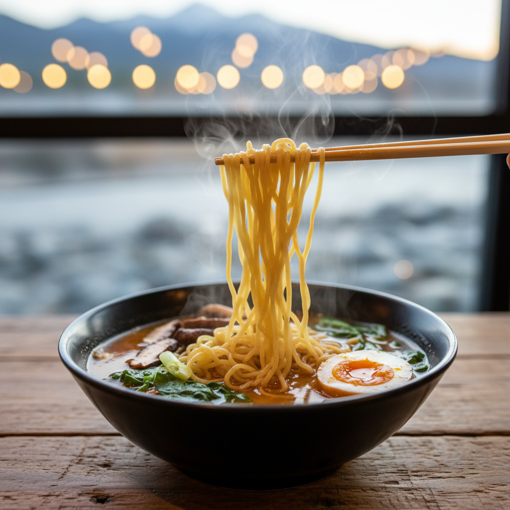 Steaming ramen bowl on a wooden table with noodles lifted by chopsticks, soft-boiled egg, greens, and pork, with blurred mountain lights in the background in Durango, Colorado.