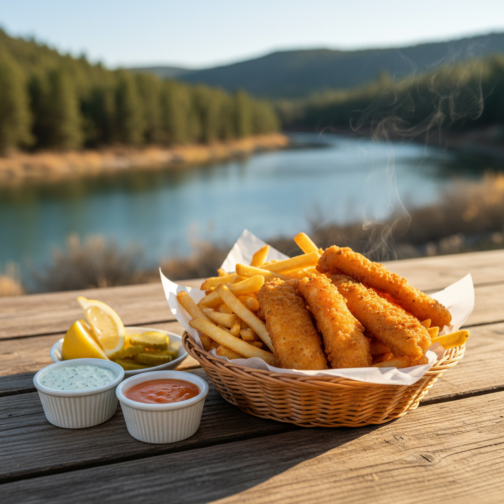 Basket of crispy fried fish and fries with lemon wedges, pickles, and dipping sauces on a wooden table beside the Animas River near Durango, Colorado, with steam rising in warm evening light.