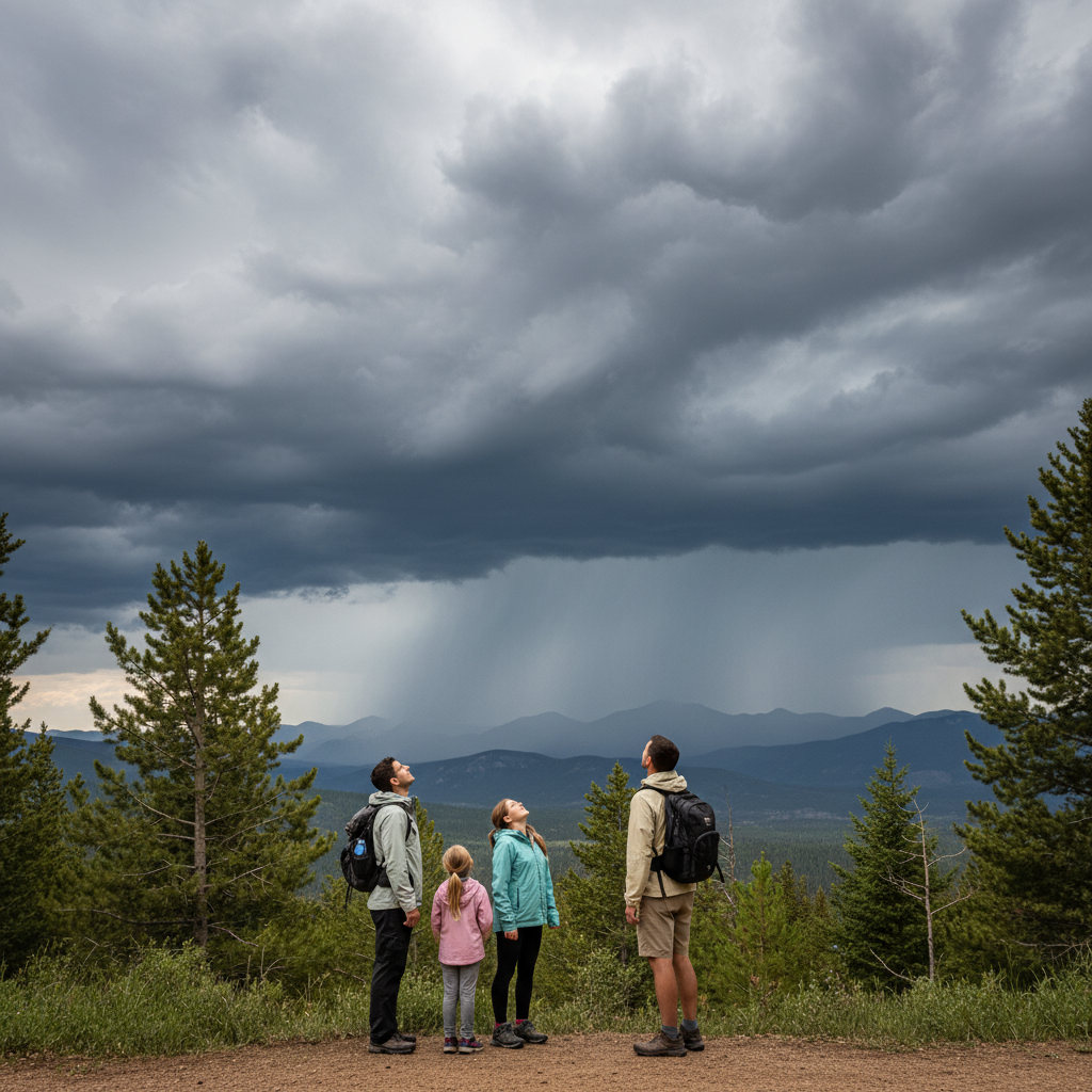 Family hikers on a pine-lined Durango, Colorado mountain overlook watching dark monsoon storm clouds and distant rain build over the ridgelines.