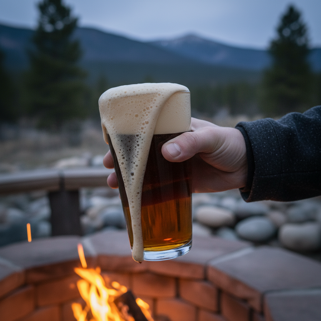 Hand holding a nitro beer with a thick creamy foam head and cascading bubbles above a glowing fire pit, with blurred mountains in the background near Durango, Colorado