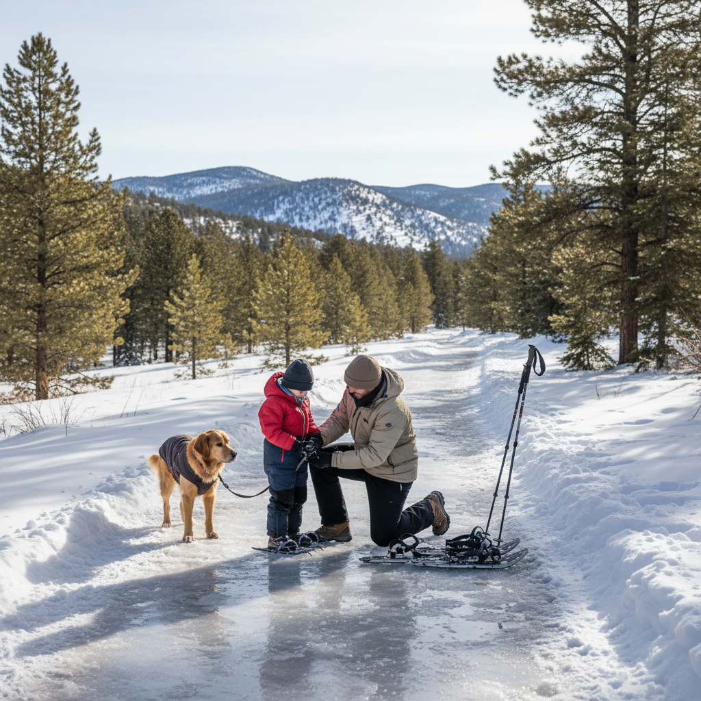 Adult helps a child put on microspikes on an icy winter trail near Durango, Colorado, with snowshoes and trekking poles nearby and a leashed dog standing beside them.