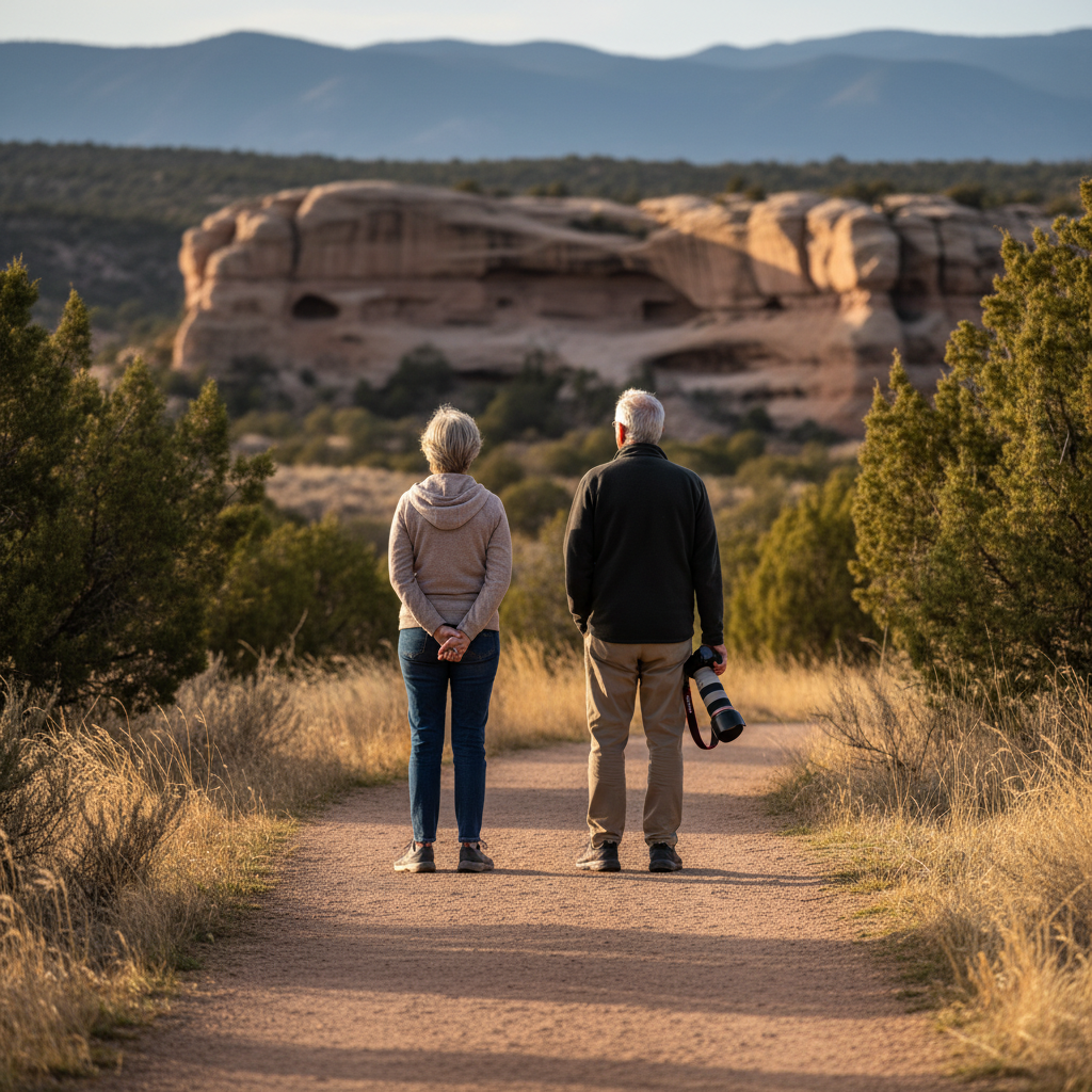 Older couple standing quietly on a Durango-area overlook near sandstone alcoves, listening to the natural soundscape at dusk