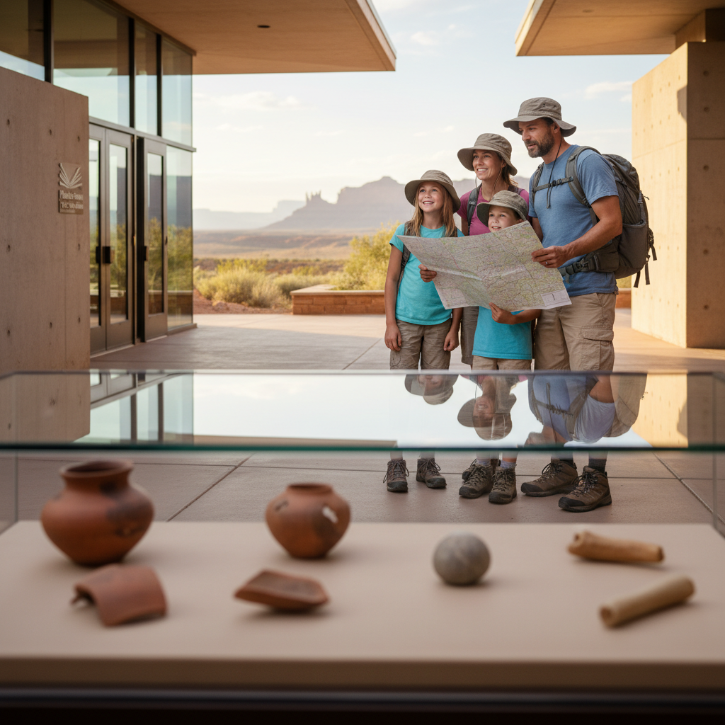Family reviewing a map near a visitor center display case with pottery shards and small artifacts, with a distant mesa landscape behind them