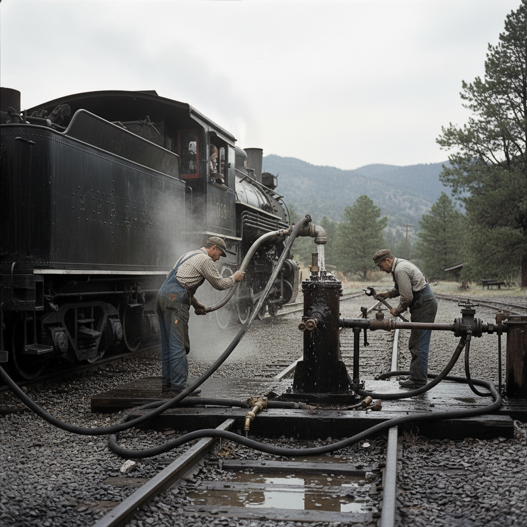 Durango & Silverton Narrow Gauge steam locomotive taking on water at a remote service stop in Colorado’s San Juan Mountains